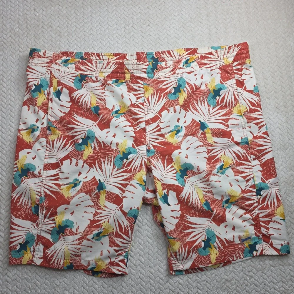 Duluth Trading Co Mens 2XL Tropical Bird Palm Swim Trunks Red White 48 Waist
